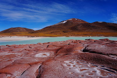 Scenic view of rocky mountains against blue sky