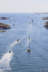 High angle view of sailboat in sea