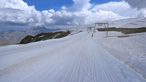 Scenic view of snow covered land against sky