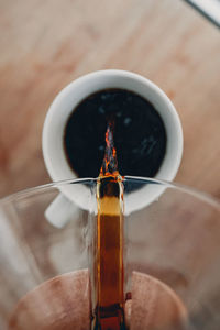 Close-up of pouring coffee in cup
