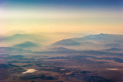 Aerial view of desert and mountains