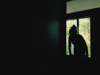 Silhouette of man with dog on window