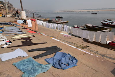 High angle view of boats on sea shore