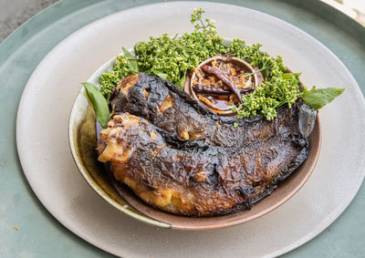 High angle view of food in plate