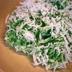 High angle view of chopped vegetables on table