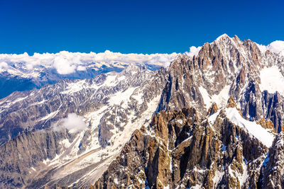 Panoramic view of snowcapped mountains against blue sky