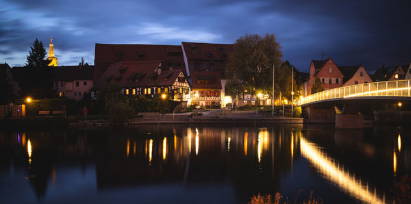 Reflection of illuminated buildings in river at night