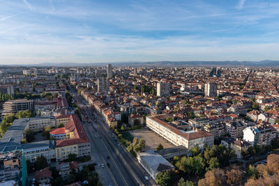 High angle view of buildings against sky in city