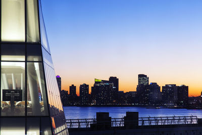 City at waterfront during sunset