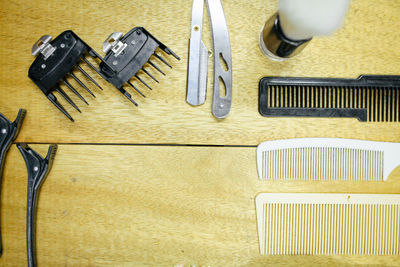 High angle view of equipment on table