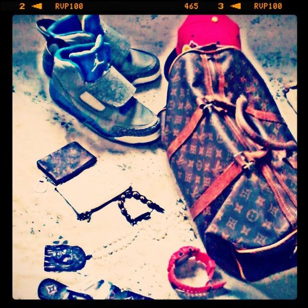 transfer print, auto post production filter, high angle view, still life, table, indoors, absence, close-up, shoe, plastic, blue, day, empty, childhood, no people, sand, chair, directly above, pair, communication