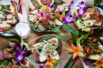 High angle view of flowering plants on table