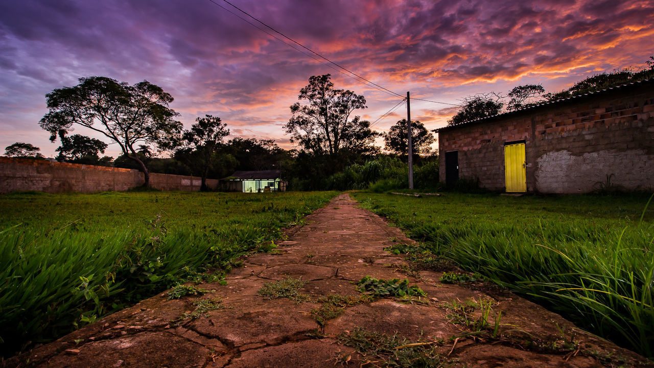 FOOTPATH AMIDST FIELD AND HOUSES AGAINST SKY AT SUNSET