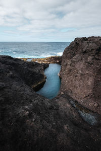 Rock formations on shore against sky