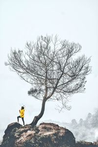 Man standing by bare tree against sky