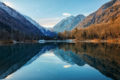 Scenic view of lake and mountains against sky