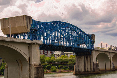 Bridge over river against cloudy sky