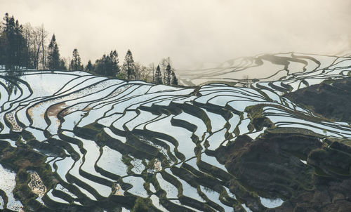 Scenic view of snow covered field against sky