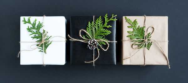 Three gift boxes with twigs of ceder and rope on dark background. top view.