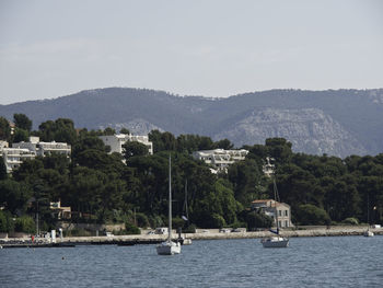 Sailboats in sea by city against sky