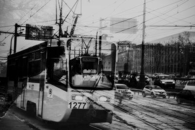 Train on railroad track against sky