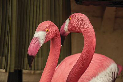 Colorful garden flamingos statues in weesp. a pleasant small village in netherlands.