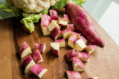 High angle view of chopped vegetables on cutting board