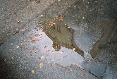 Building reflecting in puddle on street
