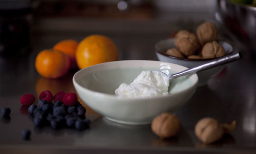 Close-up of yogurt in bowl on table