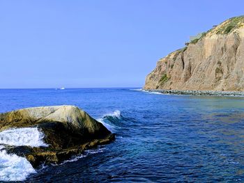 Scenic view of sea against clear blue sky