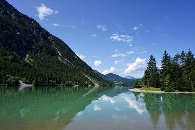 Scenic view of lake and mountains against sky