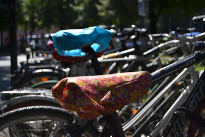 Close-up of bicycle on metal