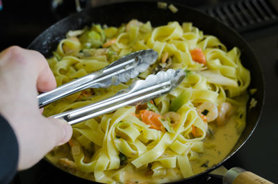 High angle view of person preparing food