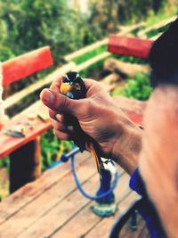 Close-up of man holding cigarette against blurred background