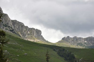 Scenic view of mountains against cloudy sky