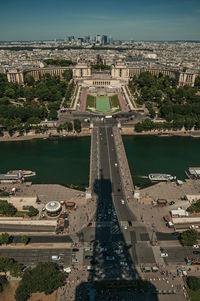 Cityscape with trocadero square and eiffel tower shadow in paris. the famous capital of france.