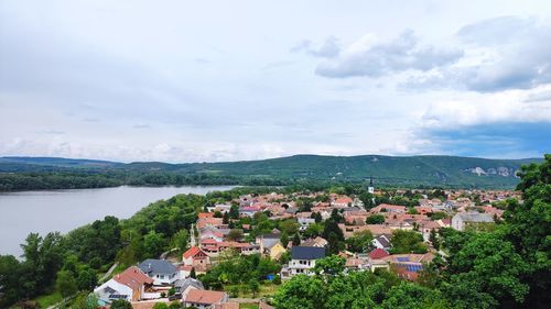 High angle view of townscape against sky. esztergom, hungary. 