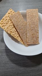 High angle view of bread in plate on table