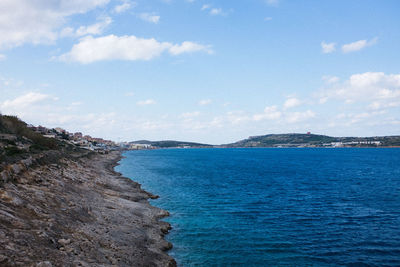 Scenic view of sea against blue sky