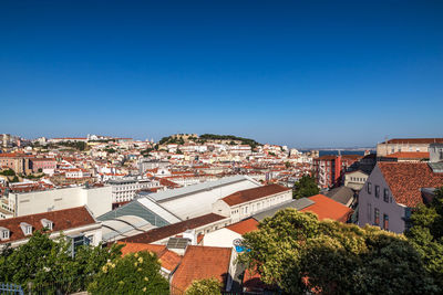 High angle view of townscape against blue sky