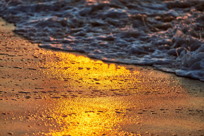 Sunset light reflection on sea sand surface, beautiful yellow sunlight in seafoam