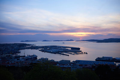 High angle view of city by sea against sky