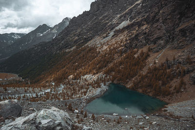 Scenic view of snowcapped mountains by lake