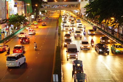 High angle view of traffic on road at night