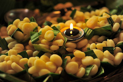 Close-up of candles on table