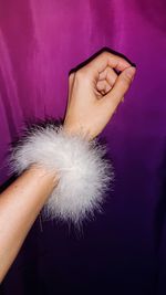 Close-up of woman hand against purple wall