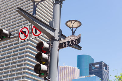 Low angle view of road sign against buildings