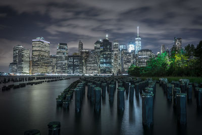 View of city at waterfront against cloudy sky