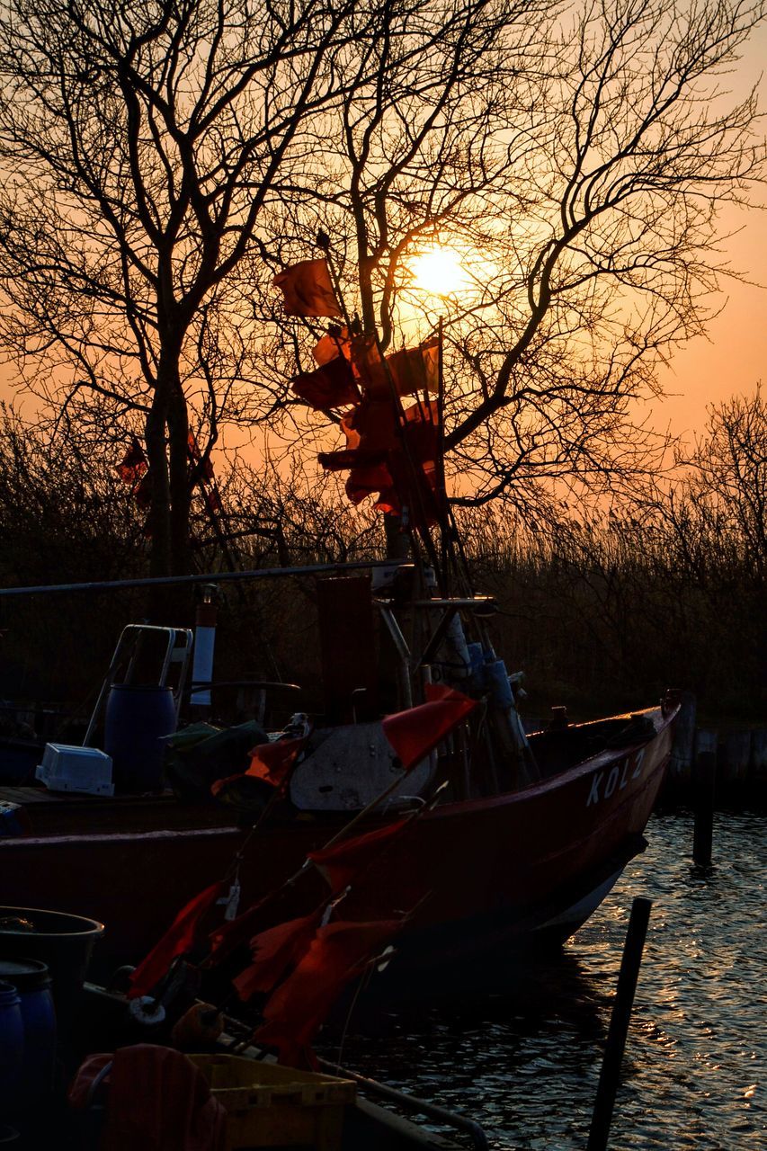 sunset, tree, orange color, bare tree, sun, transportation, branch, sky, mode of transport, tranquility, nature, silhouette, scenics, water, sunlight, beauty in nature, land vehicle, tranquil scene, outdoors, car