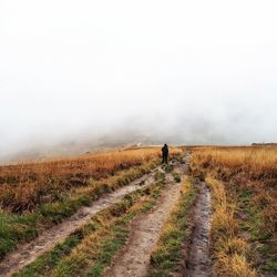 Rear view of man and woman standing on field against sky